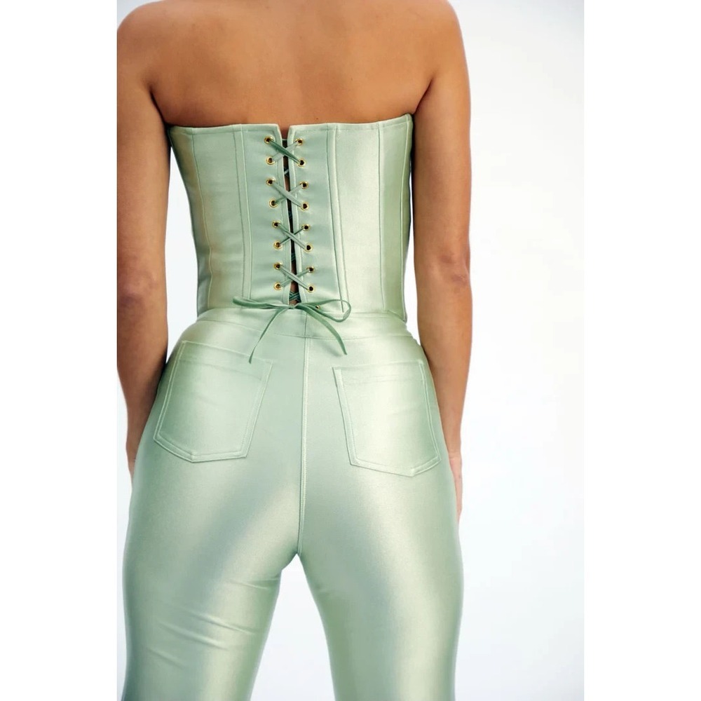 REZEK STUDIO Hustle Pants XS 70s Disco Hot Pants Flare Leg Mint Green Stretch - Picture 7 of 10